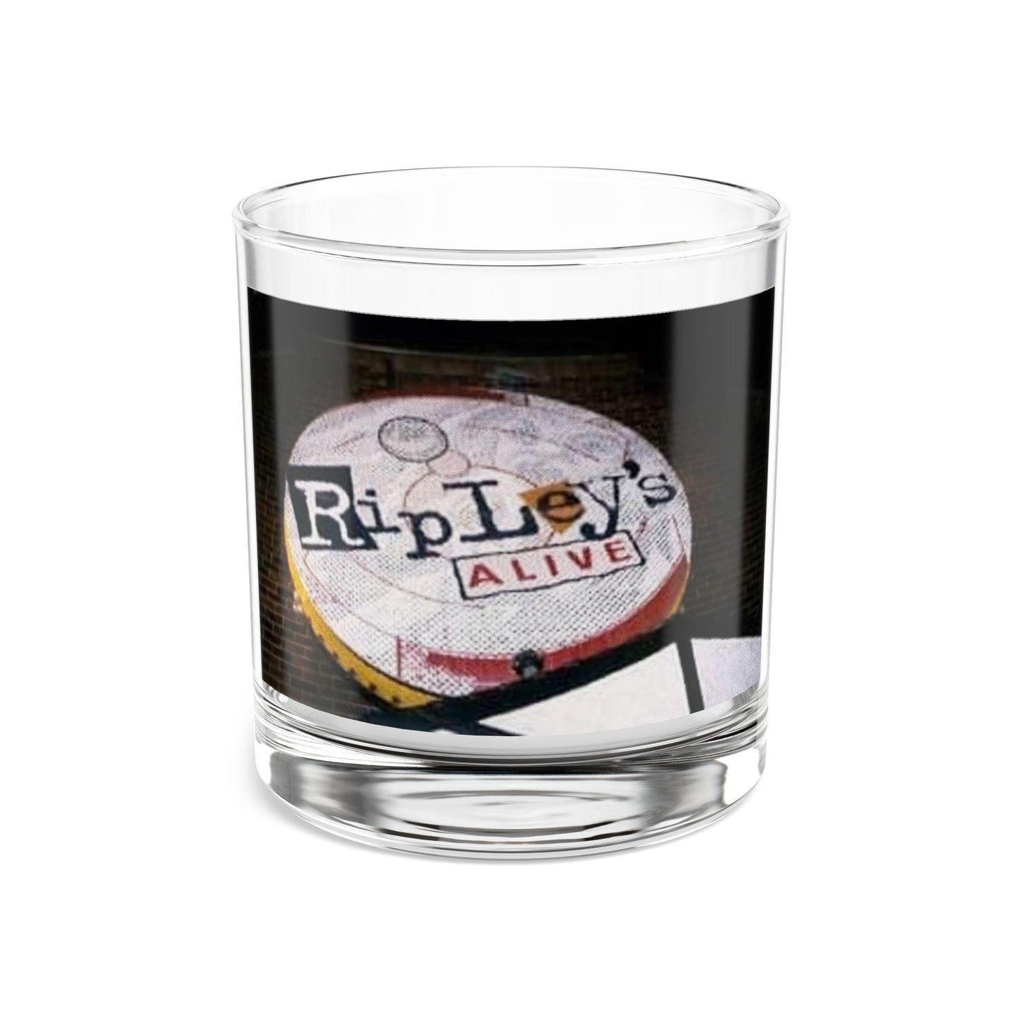 Clear glass tumbler with Ripley's Alive label on a white background
