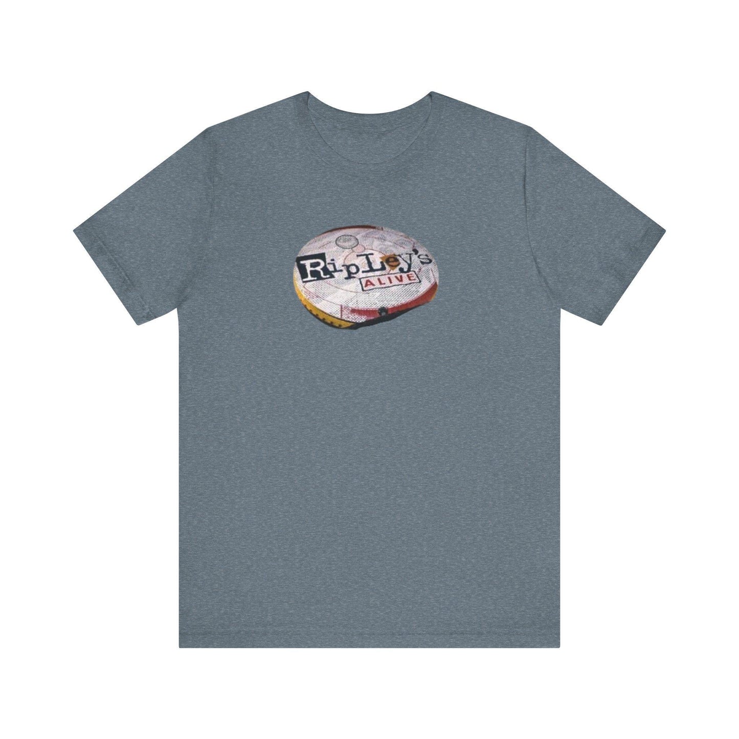 Gray t-shirt with a graphic design on a white background