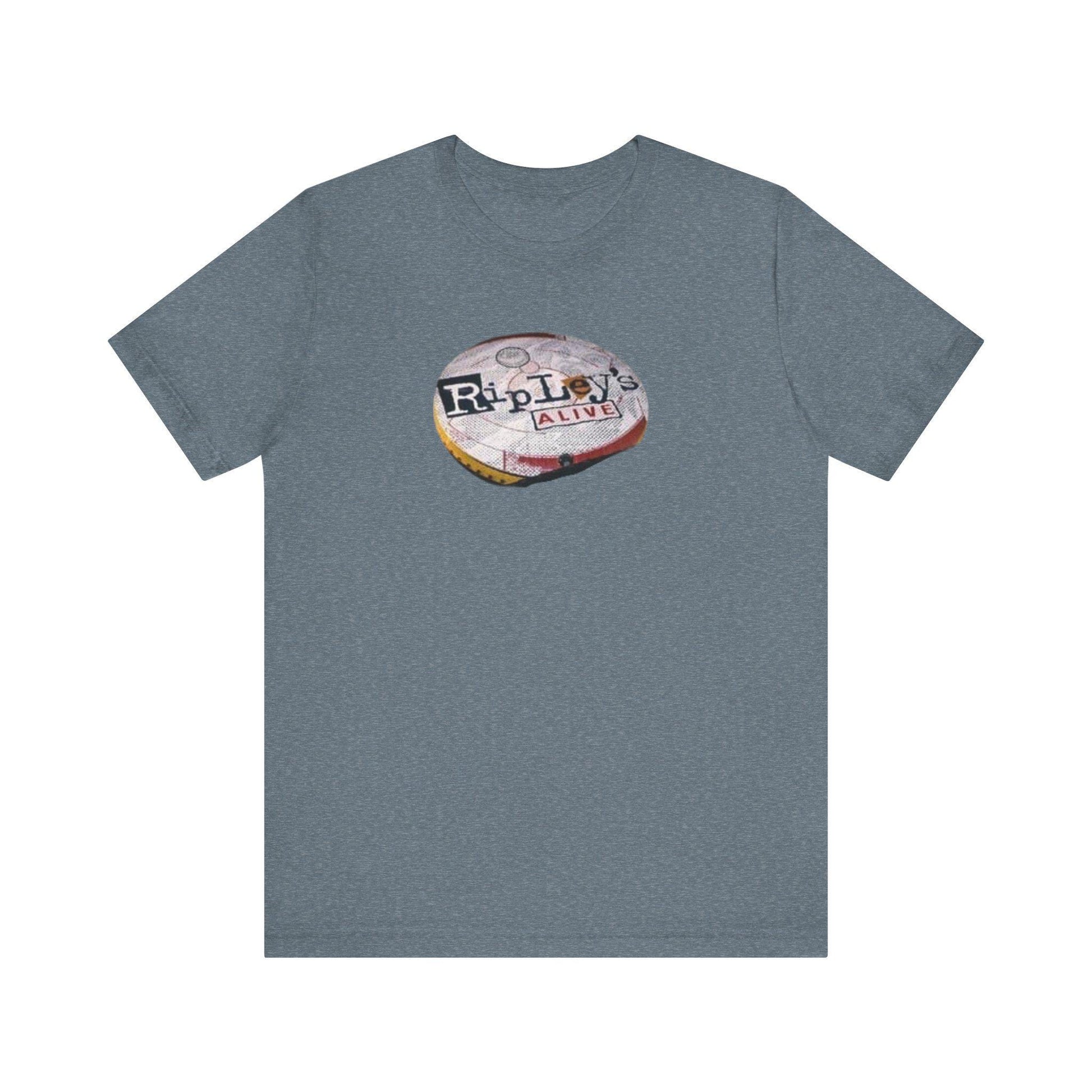 Gray t-shirt with a graphic design on a white background