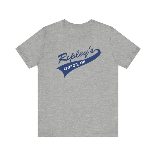 Gray t-shirt with blue 'Ripley's' handwritten on a white background