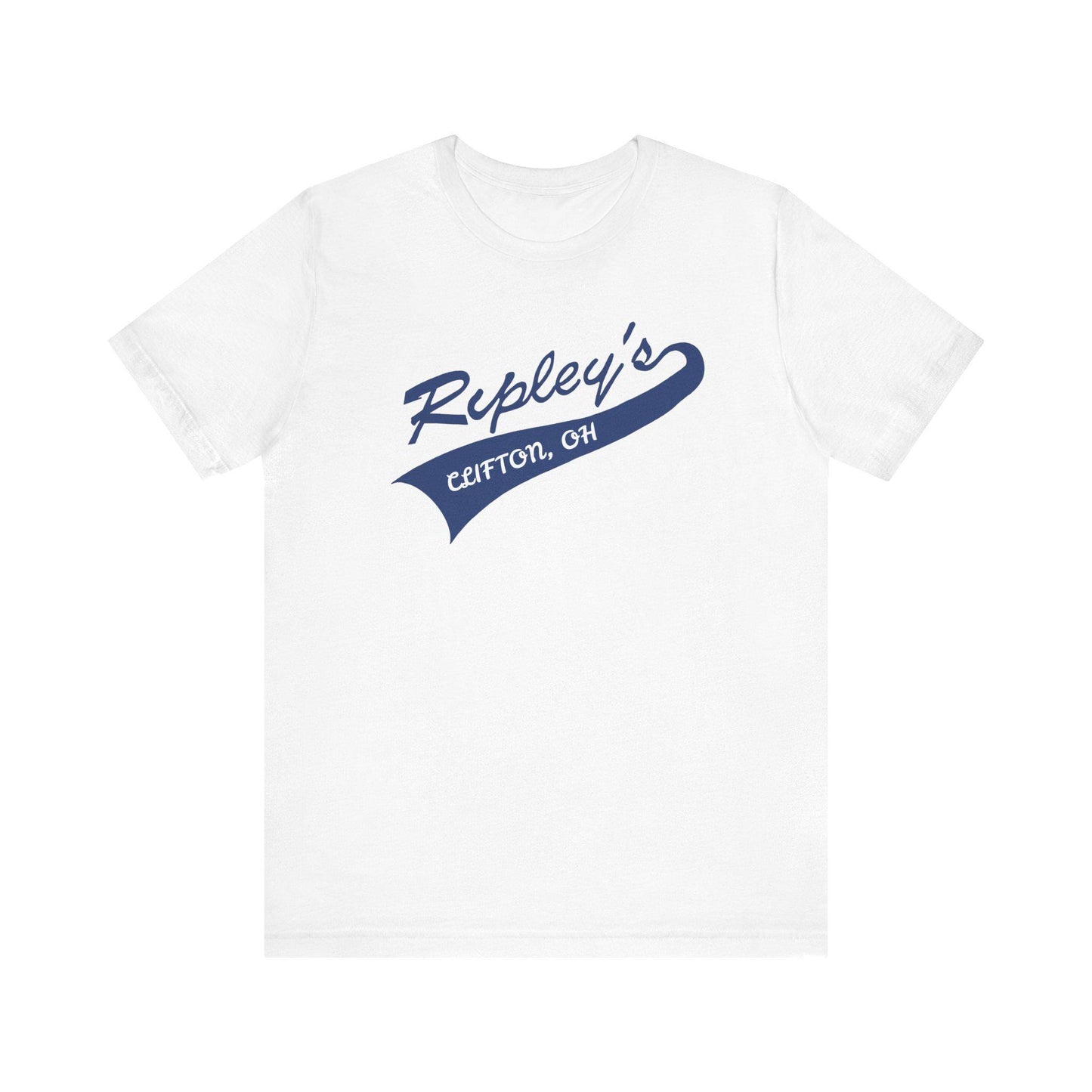 White t-shirt with blue 'Ripley's' logo on a white background