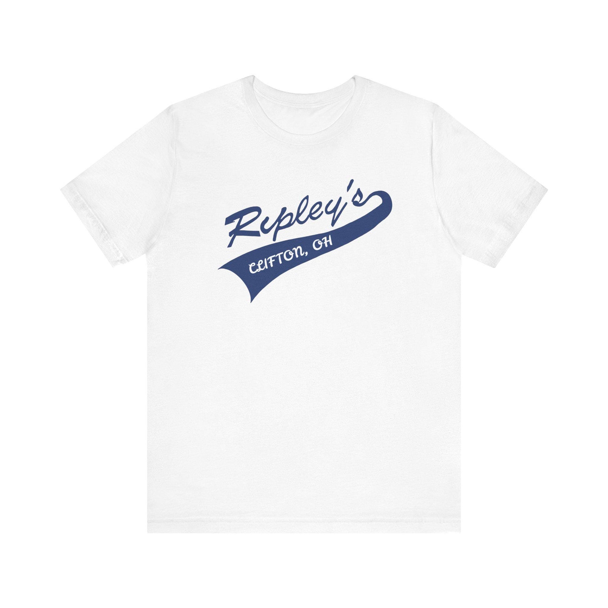 White t-shirt with blue 'Ripley's' logo on a white background