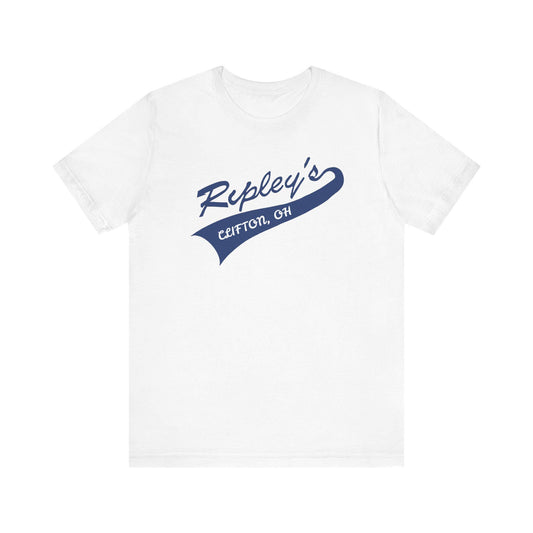 White t-shirt with blue 'Ripley's' logo on a white background