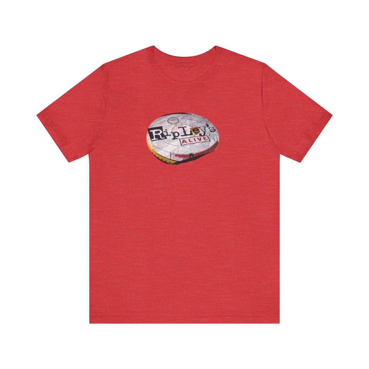 Red t-shirt with a graphic design on a white background
