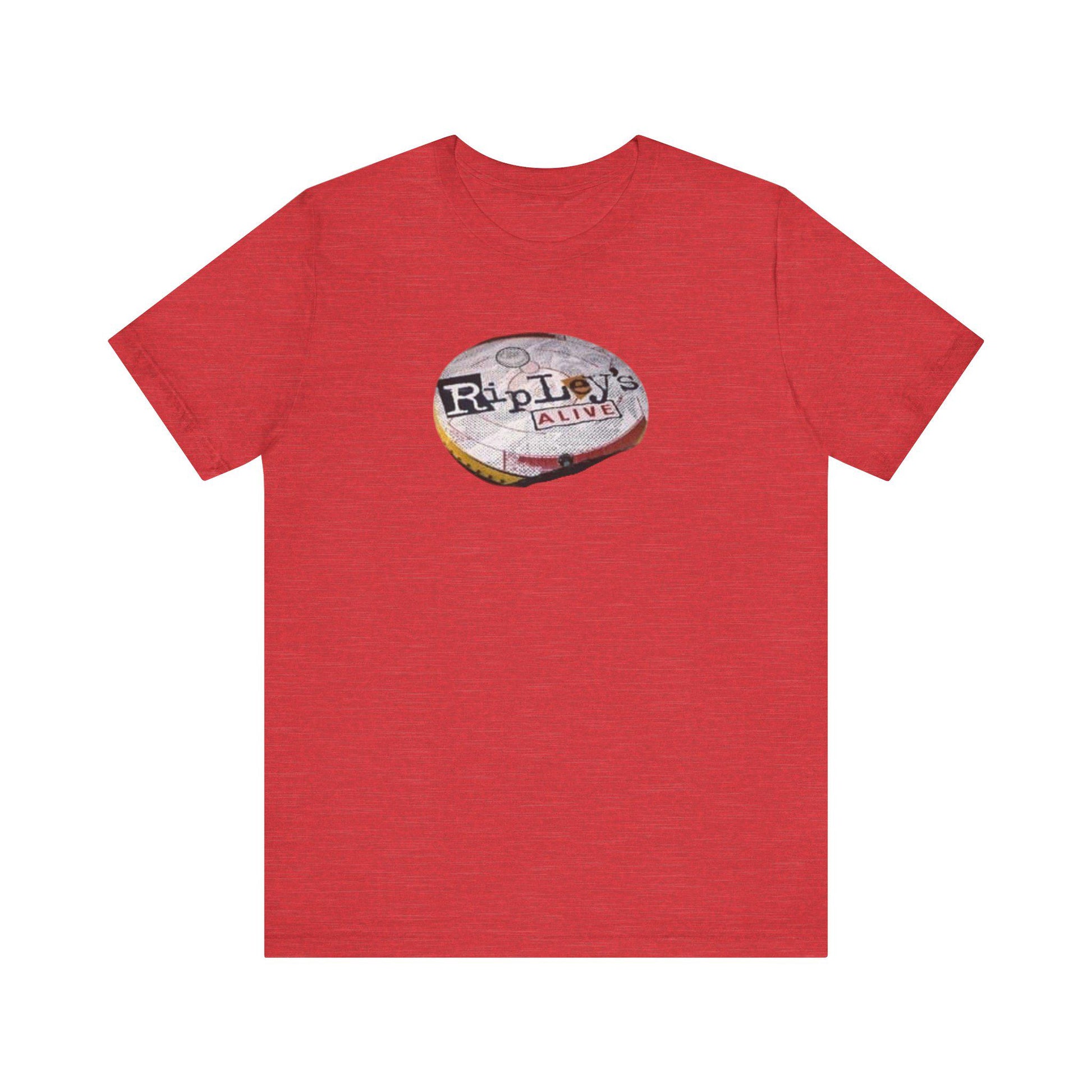 Red t-shirt with a graphic design on a white background