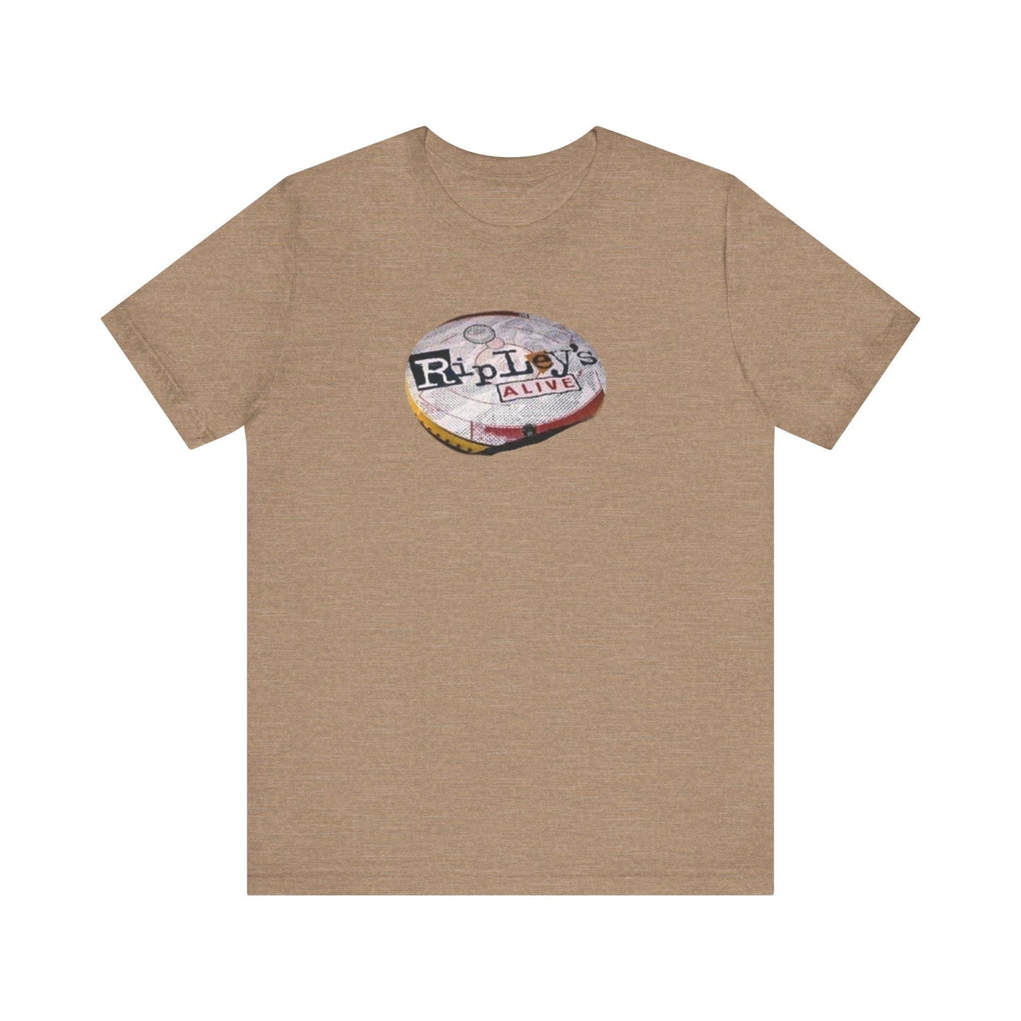 Beige t-shirt with a graphic design on a white background