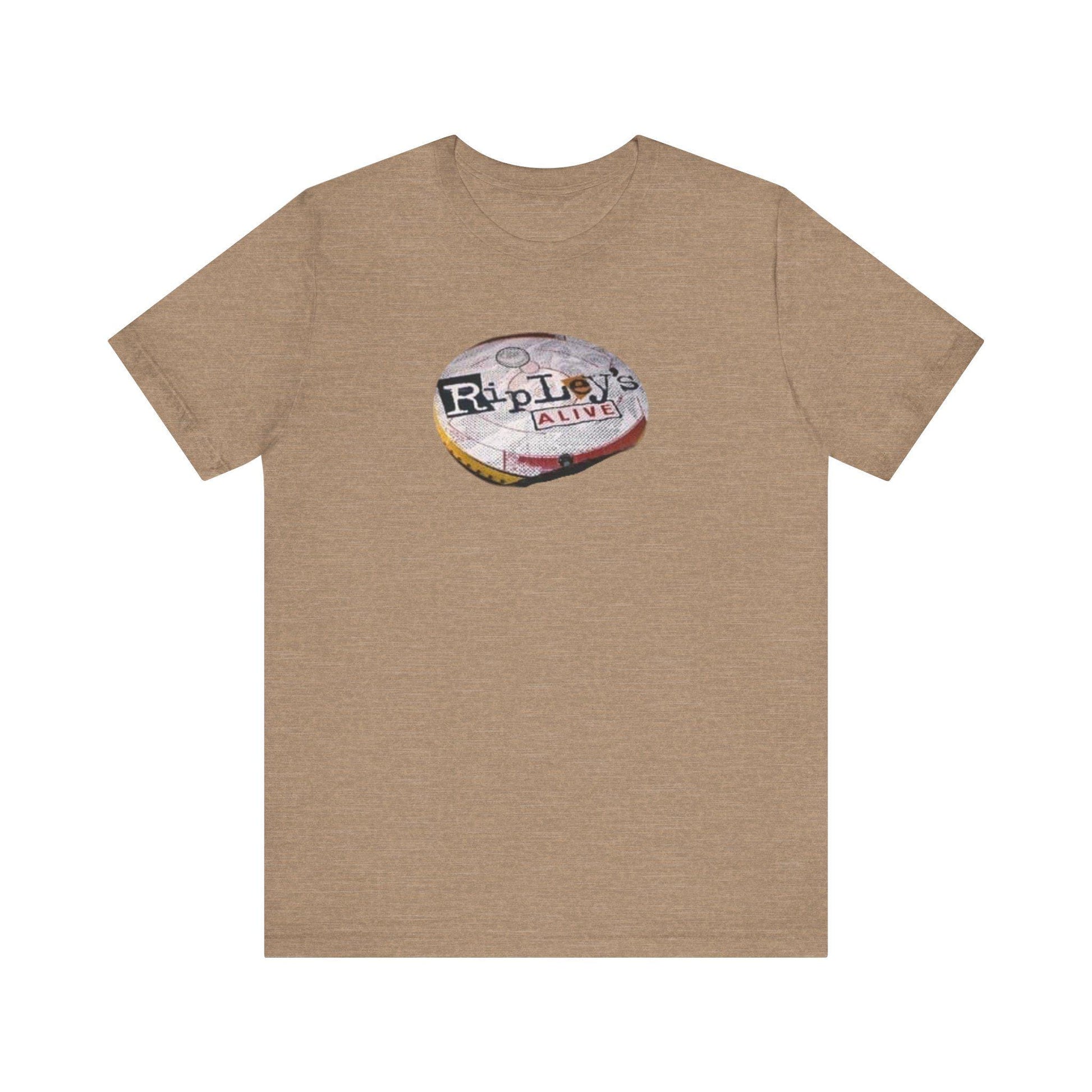 Beige t-shirt with a graphic design on a white background
