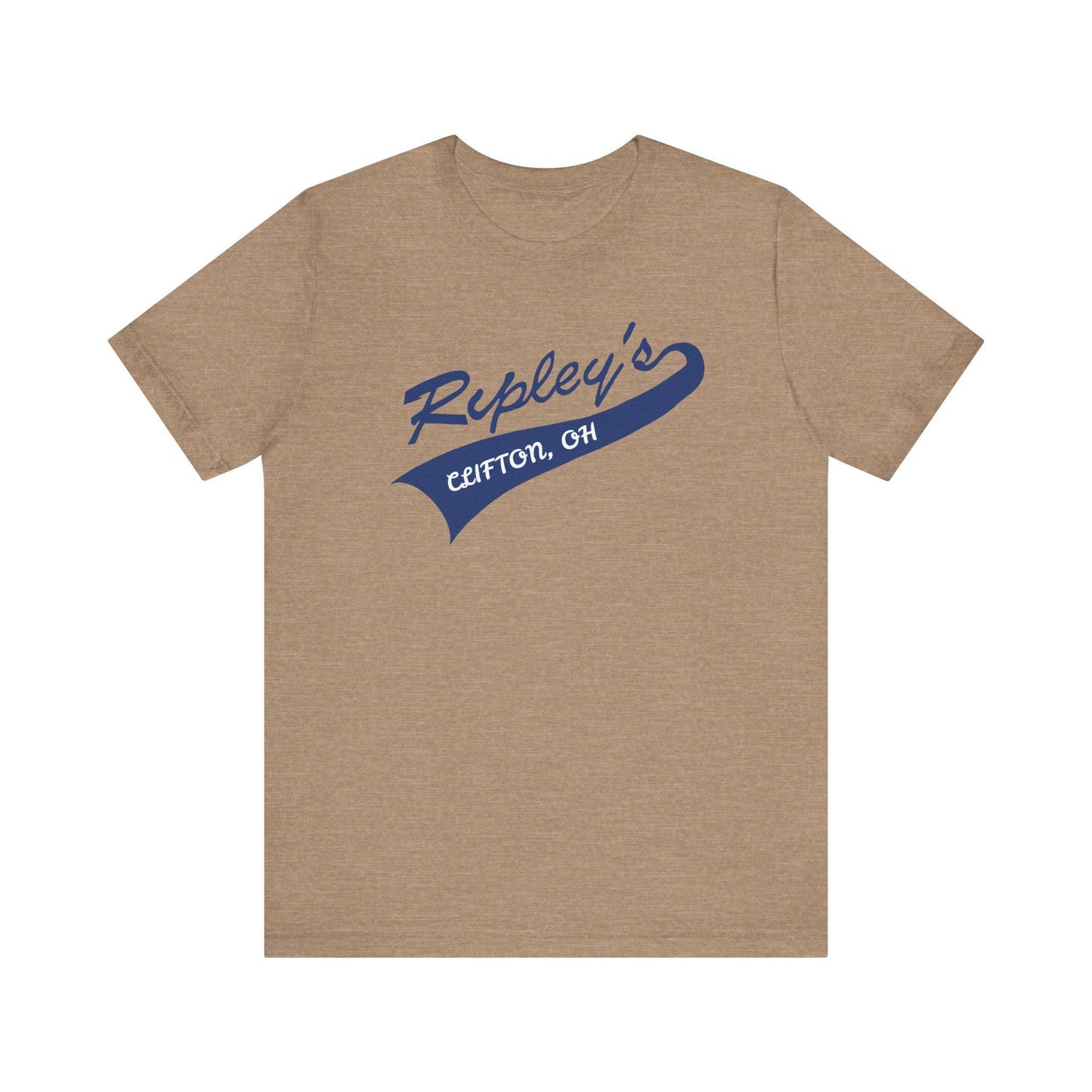 Brown t-shirt with blue 'Ripley's' logo on a white background