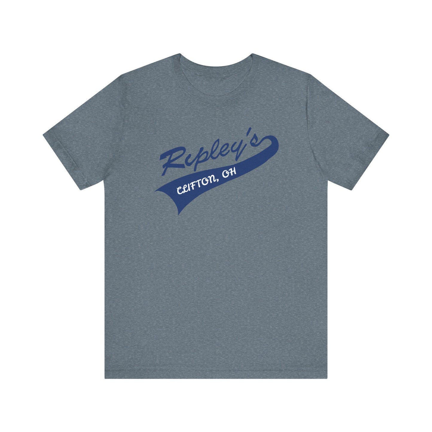 Gray t-shirt with blue 'Ripley's' logo on a white background