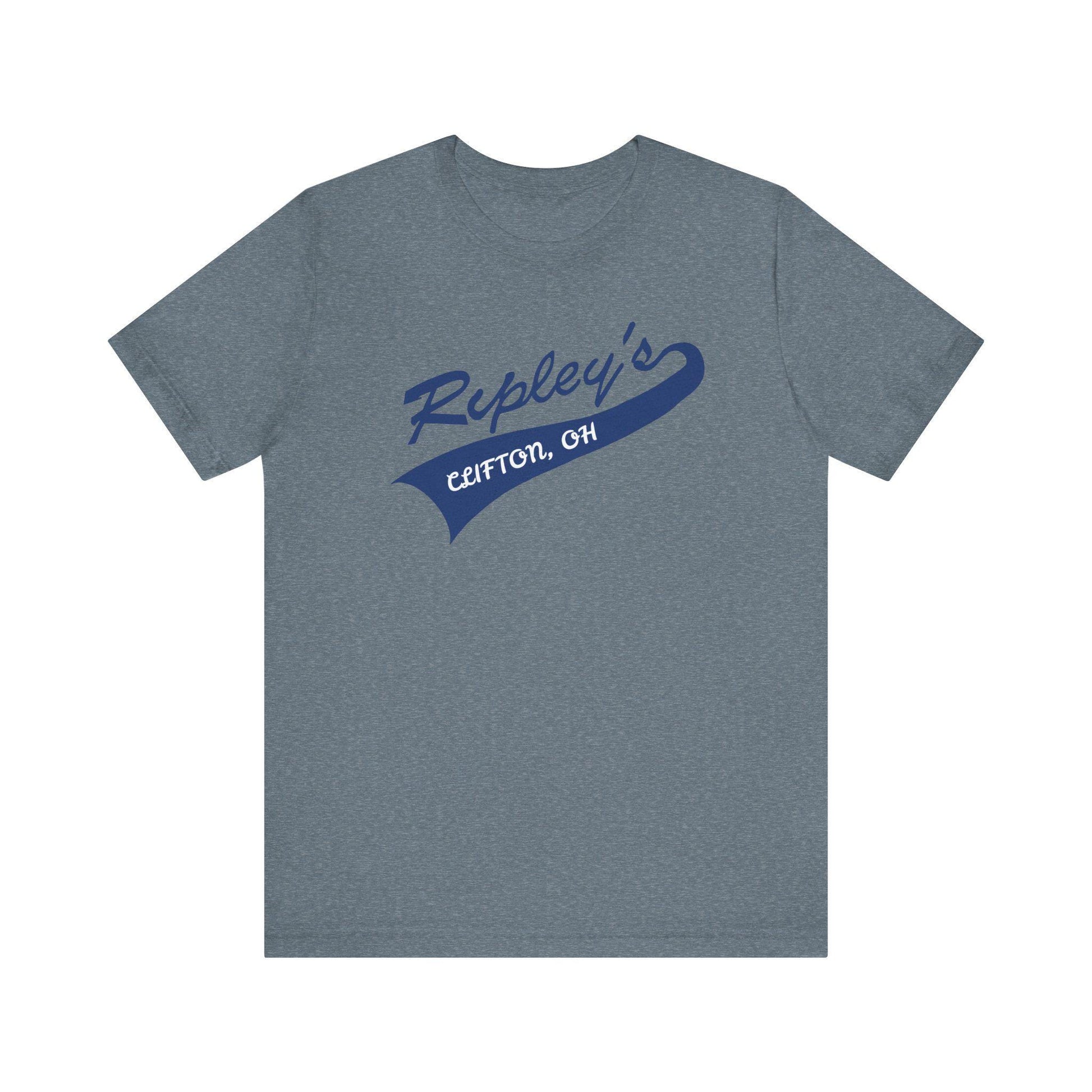 Gray t-shirt with blue 'Ripley's' logo on a white background
