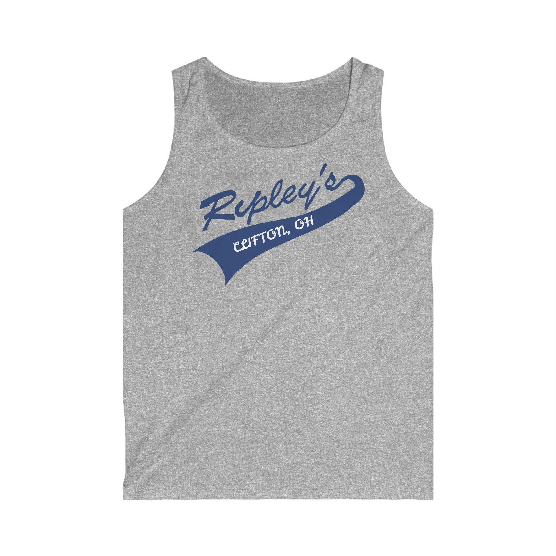 Gray tank top with blue 'Ripley's Cafition, OH' text on a white background