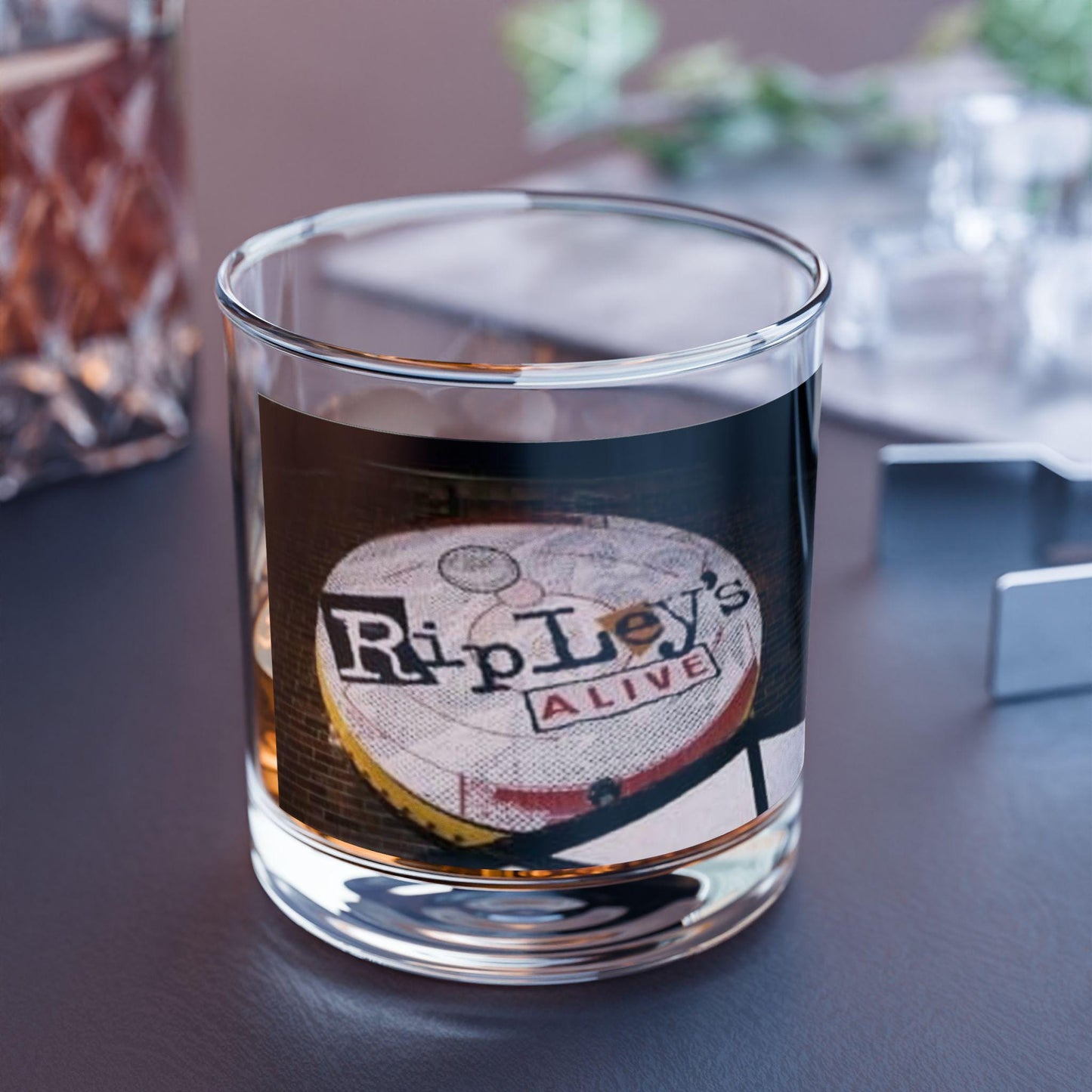 Glass with a label on a table