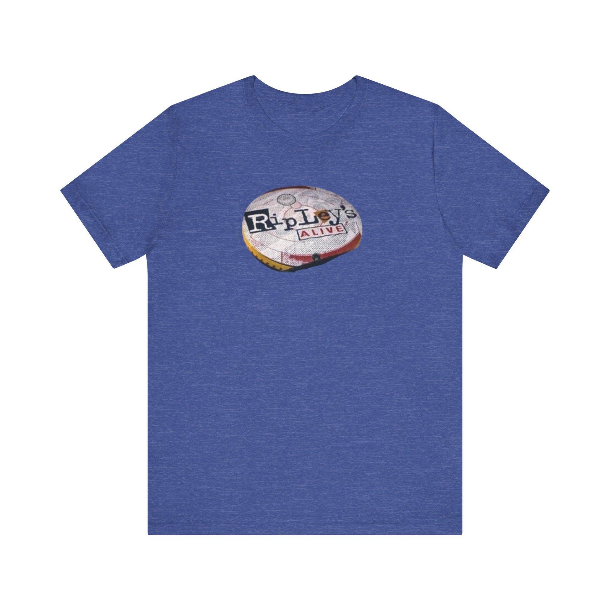 Blue t-shirt with a circular graphic on a white background