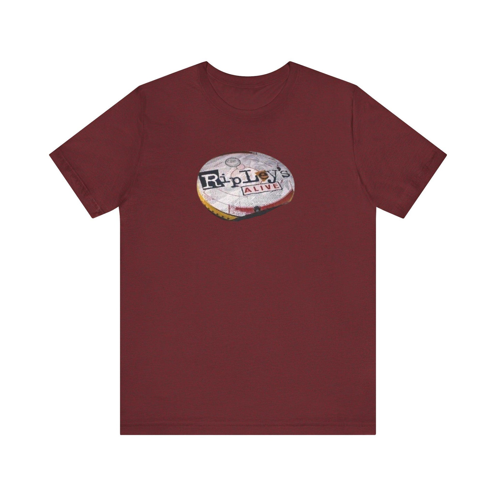Maroon t-shirt with a graphic design on a white background