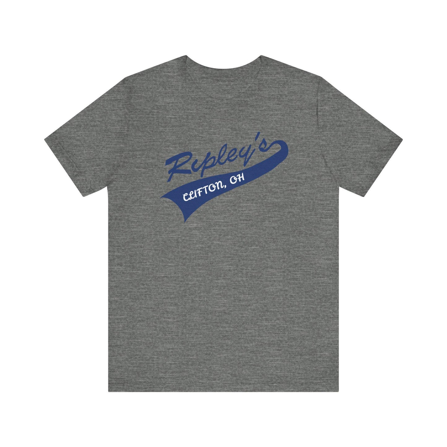 Gray t-shirt with blue 'Ripley's' logo on a white background