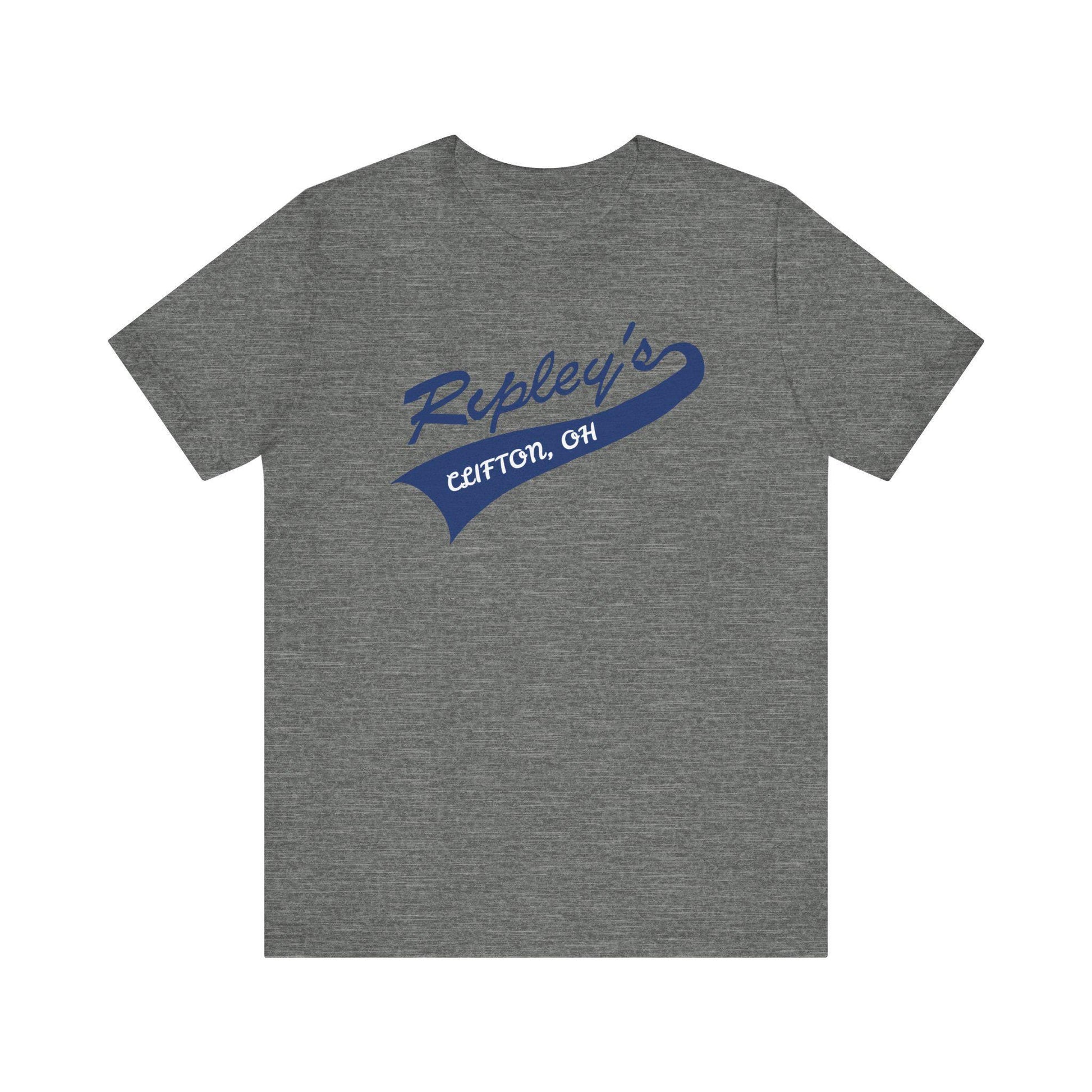 Gray t-shirt with blue 'Ripley's' logo on a white background