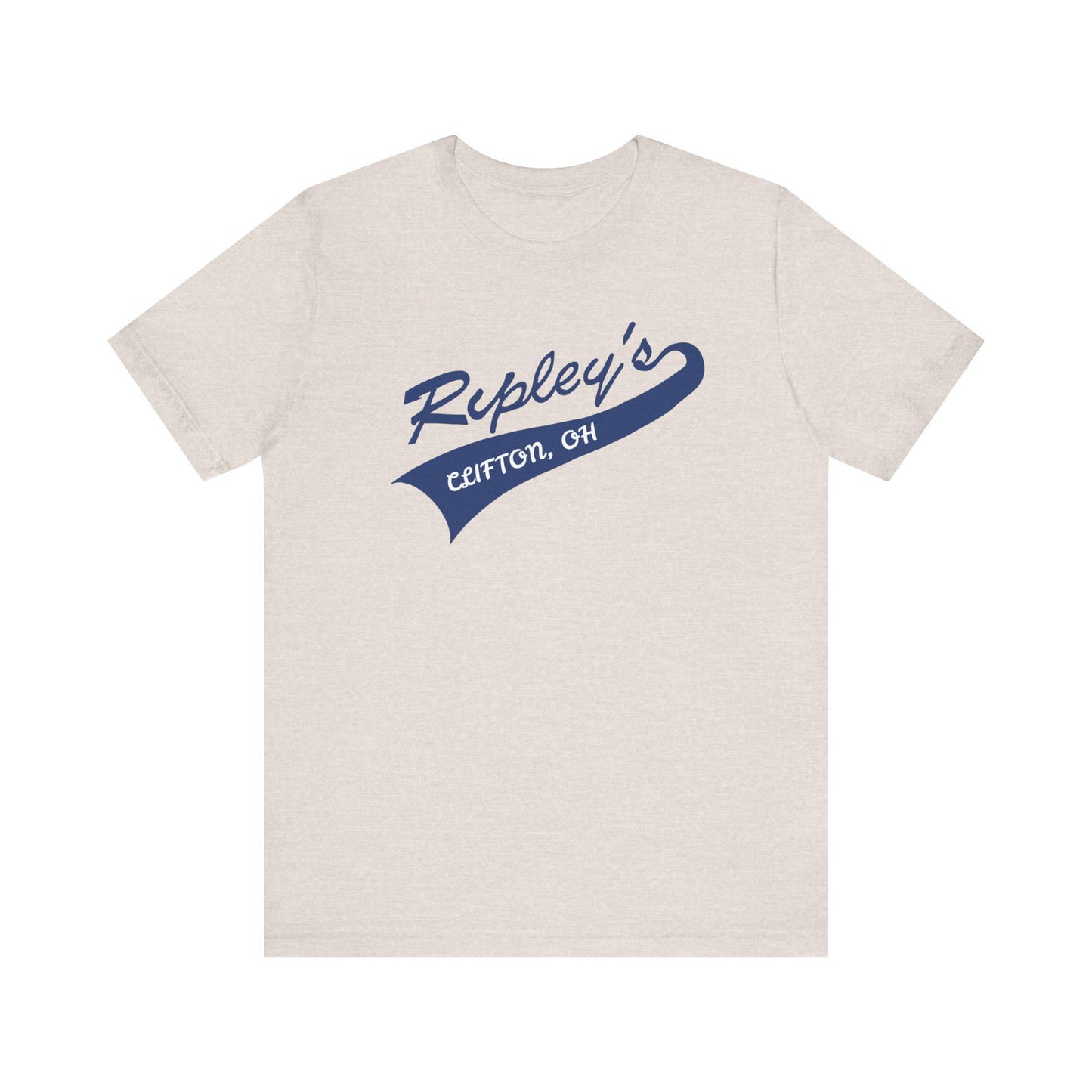 Beige t-shirt with blue 'Ripley's Clifton, OH' text on a white background
