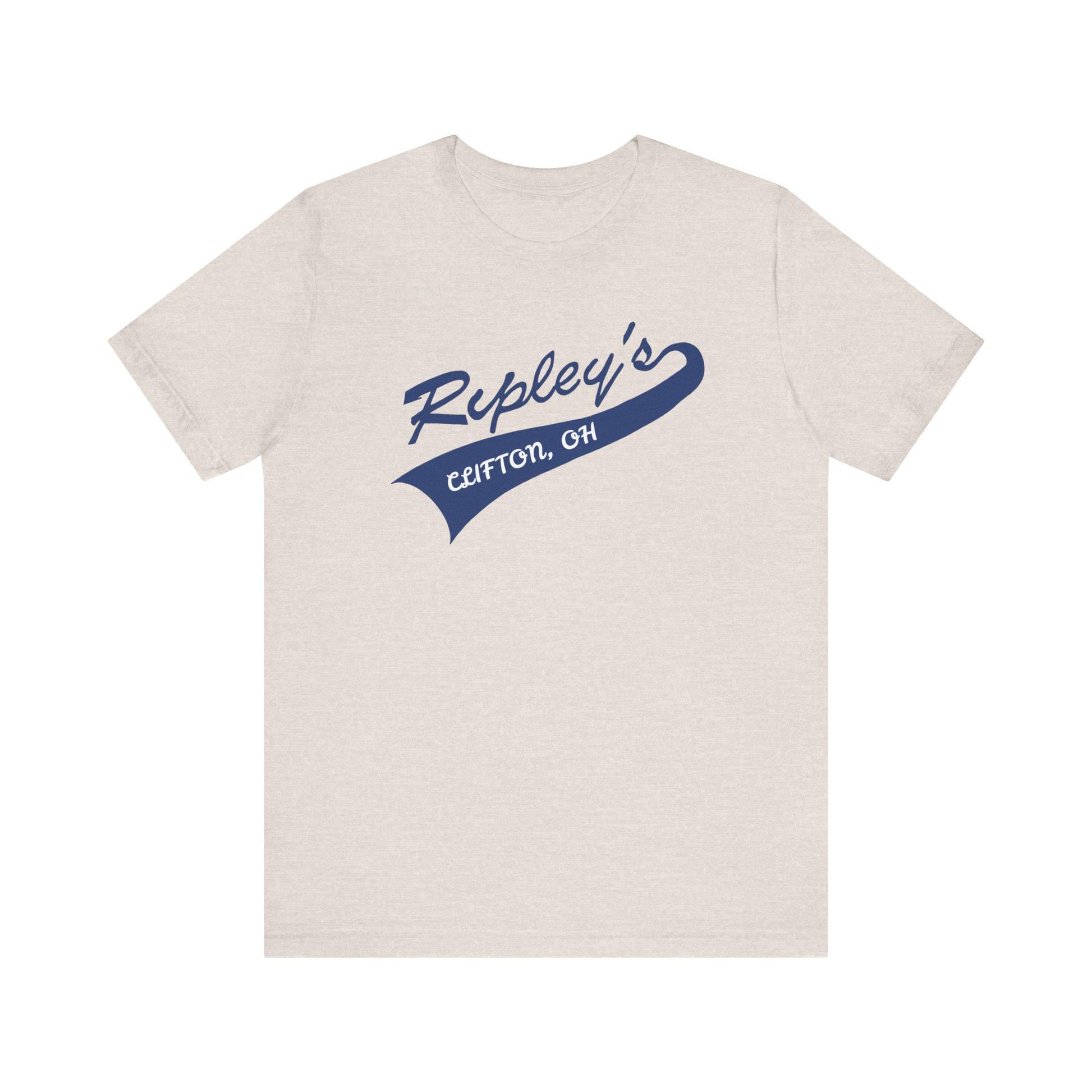 Beige t-shirt with blue 'Ripley's Clifton, OH' text on a white background