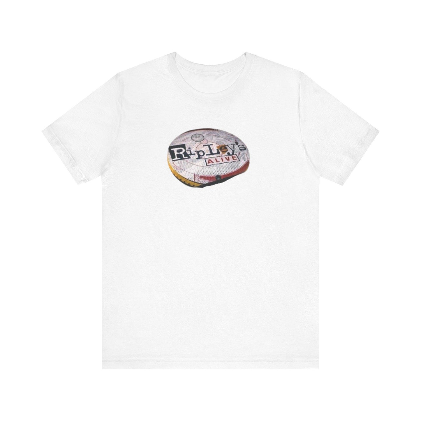 White t-shirt with a printed design on a white background