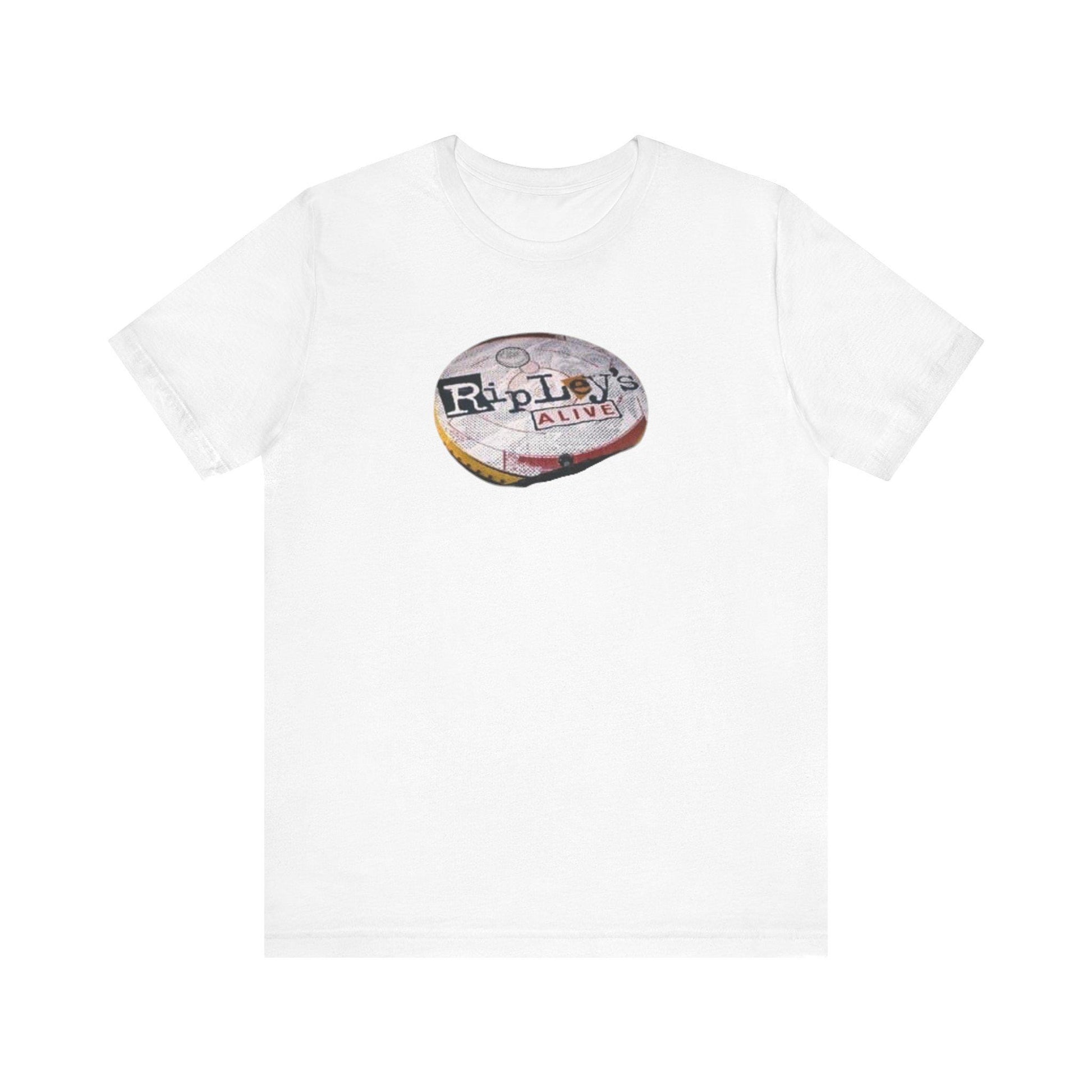 White t-shirt with a printed design on a white background