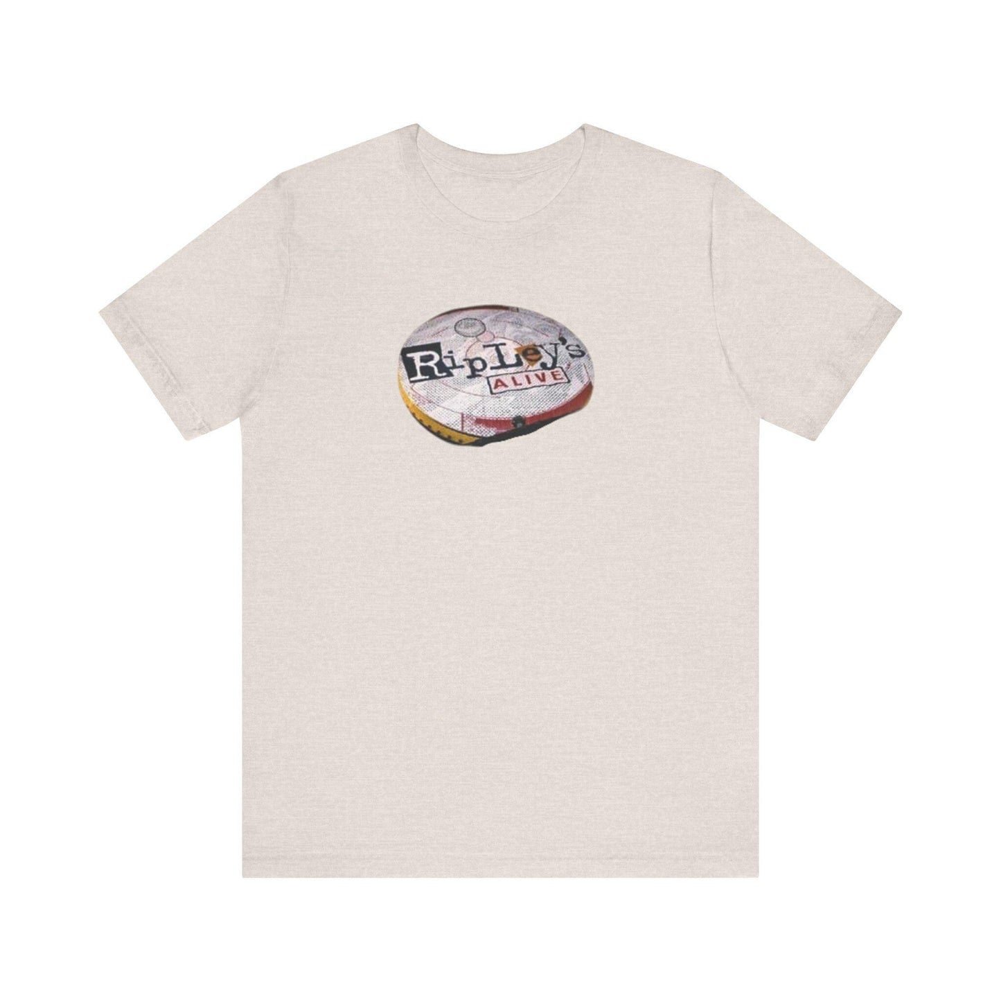 Beige t-shirt with a graphic design on the back against a white background