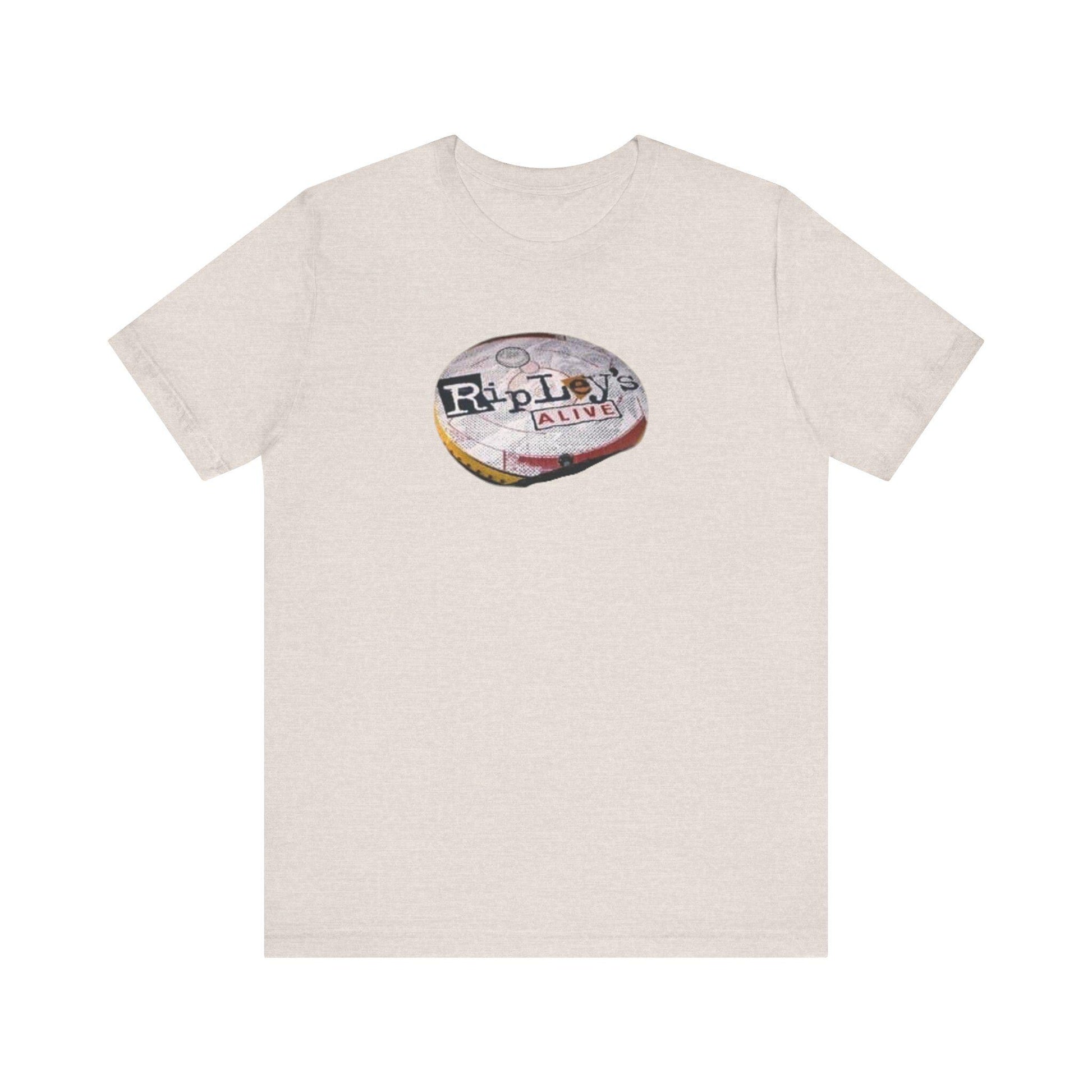 Beige t-shirt with a graphic design on the back against a white background