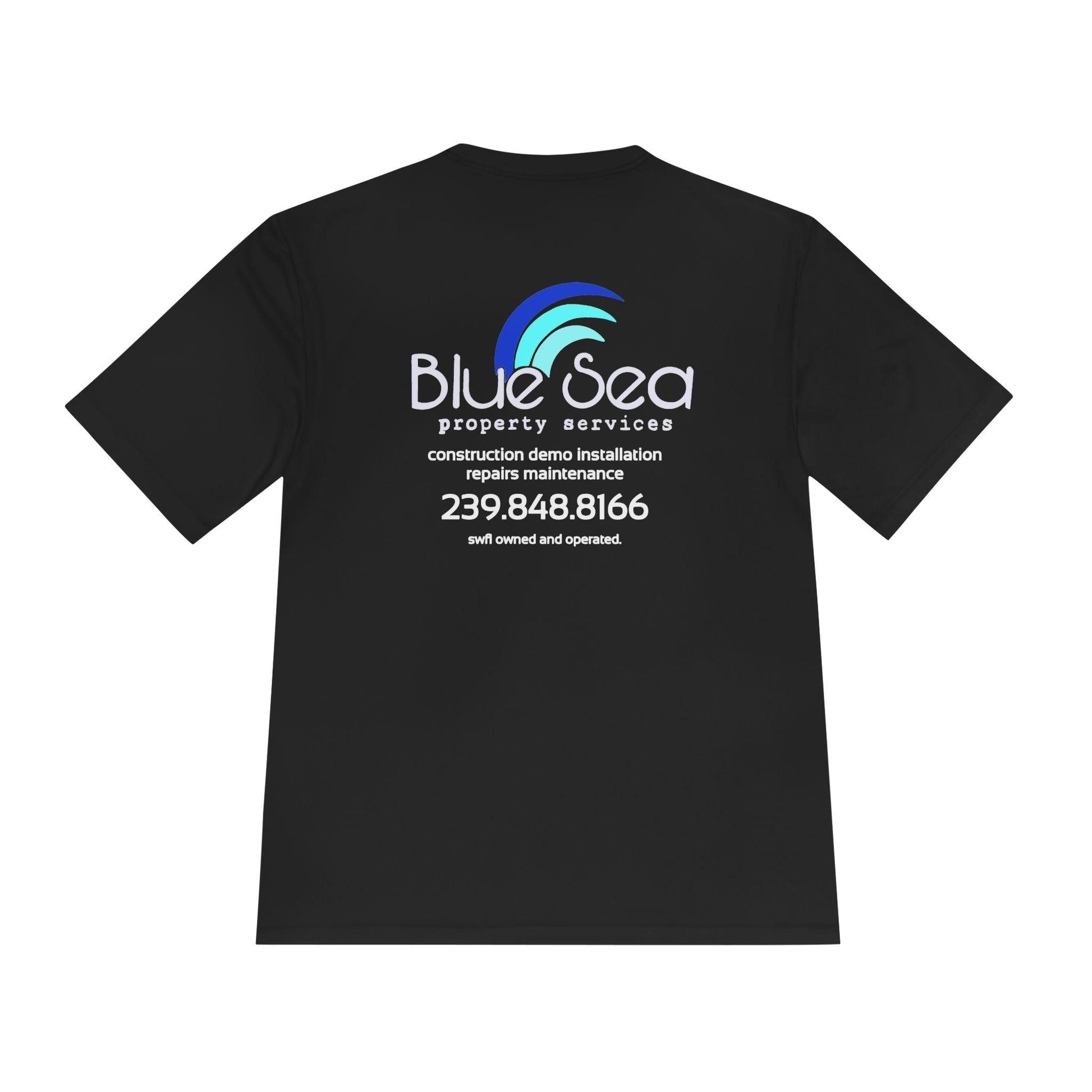 Black t-shirt with Blue Sea property services logo and contact information on a white background