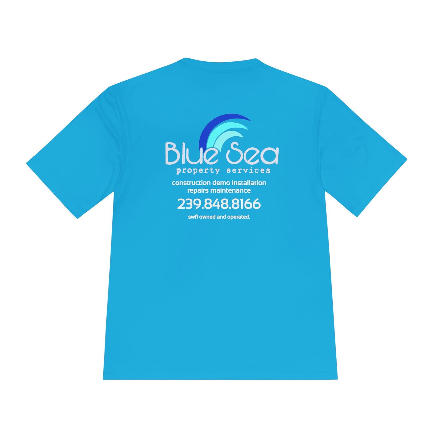 Blue t-shirt with 'Blue Sea' logo and contact information on a white background