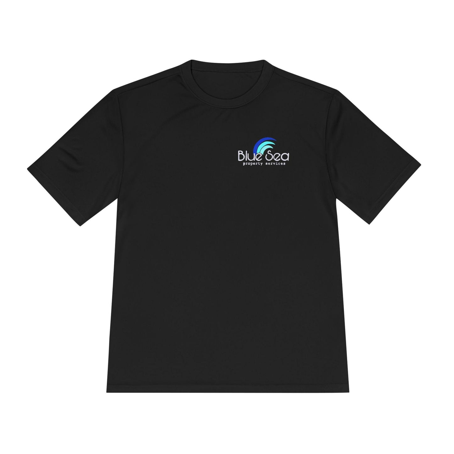 Black t-shirt with 'Blue Sea' logo on a white background