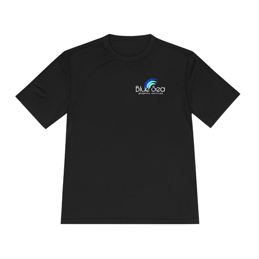Black t-shirt with 'Blue Sea' logo on a white background