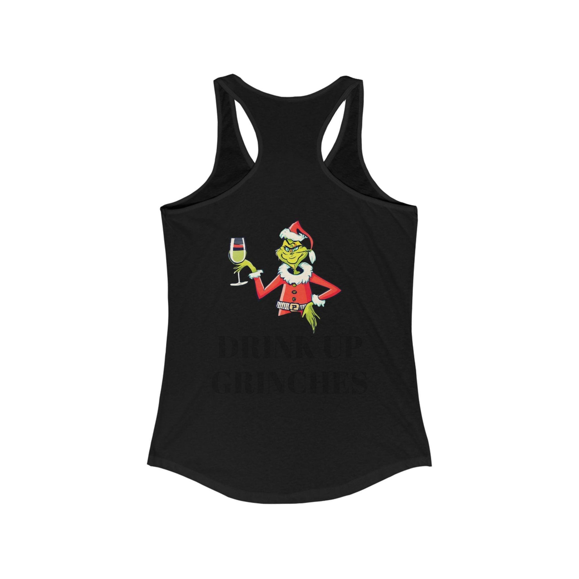 Black tank top with a festive design of a character holding a glass of wine on a white background