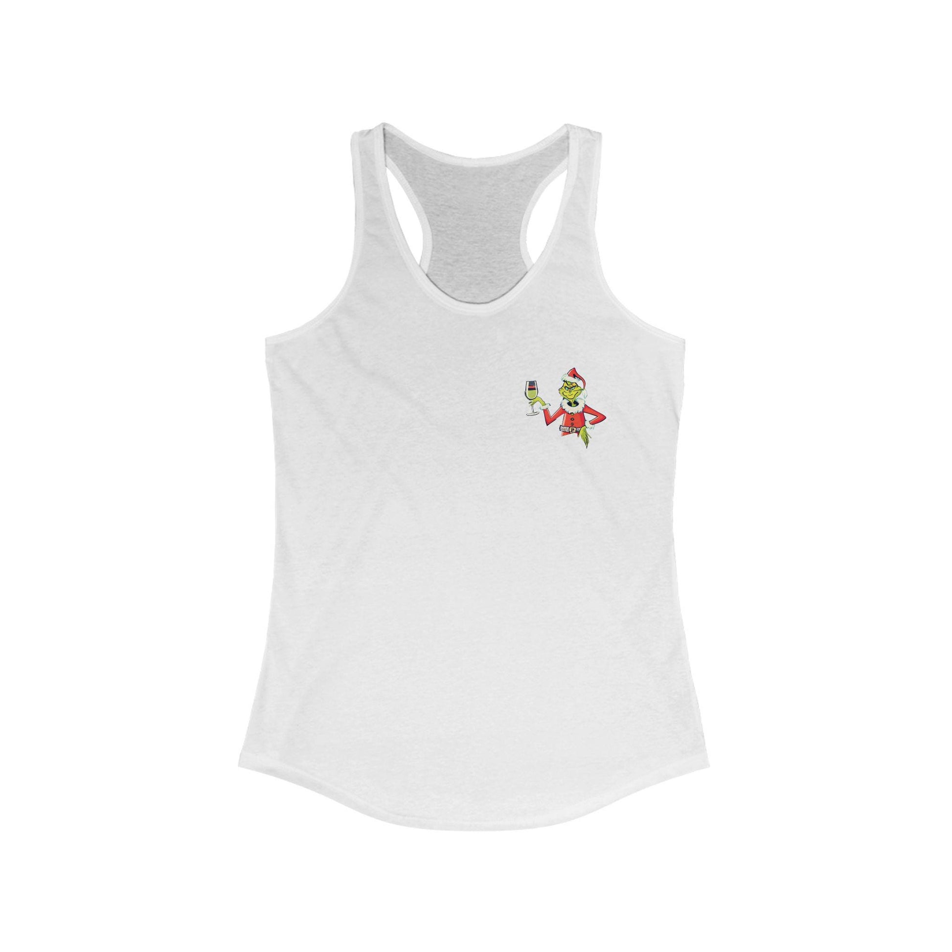 White tank top with a small grinch design on a white background