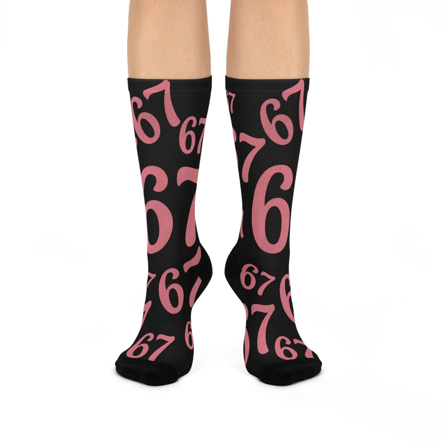 6 7 Pink Glitter Numbers Crew Socks | Cushioned Black Socks