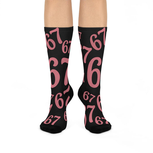 6 7 Pink Glitter Numbers Crew Socks | Cushioned Black Socks