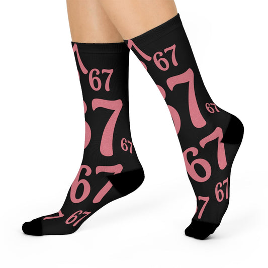 6 7 Pink Glitter Numbers Crew Socks | Cushioned Black Socks