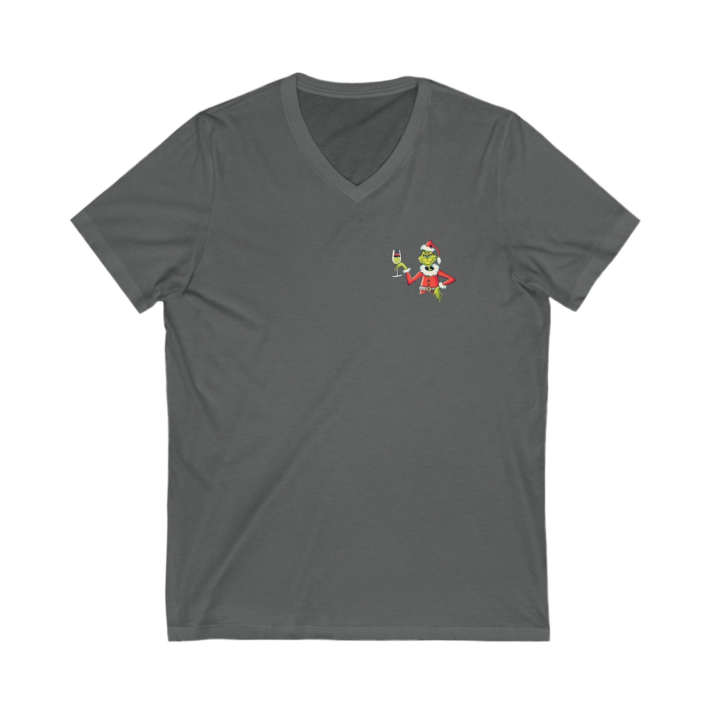 Ladies Grinch v-neck short sleeve tee hand-drawn Christmas mischief design
