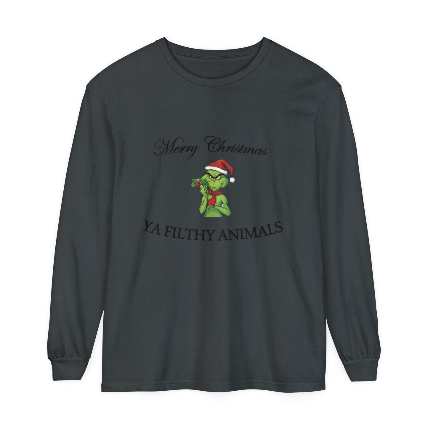 Merry Christmas Charcoal Gray Grinch long sleeve tee hand-drawn holiday design
