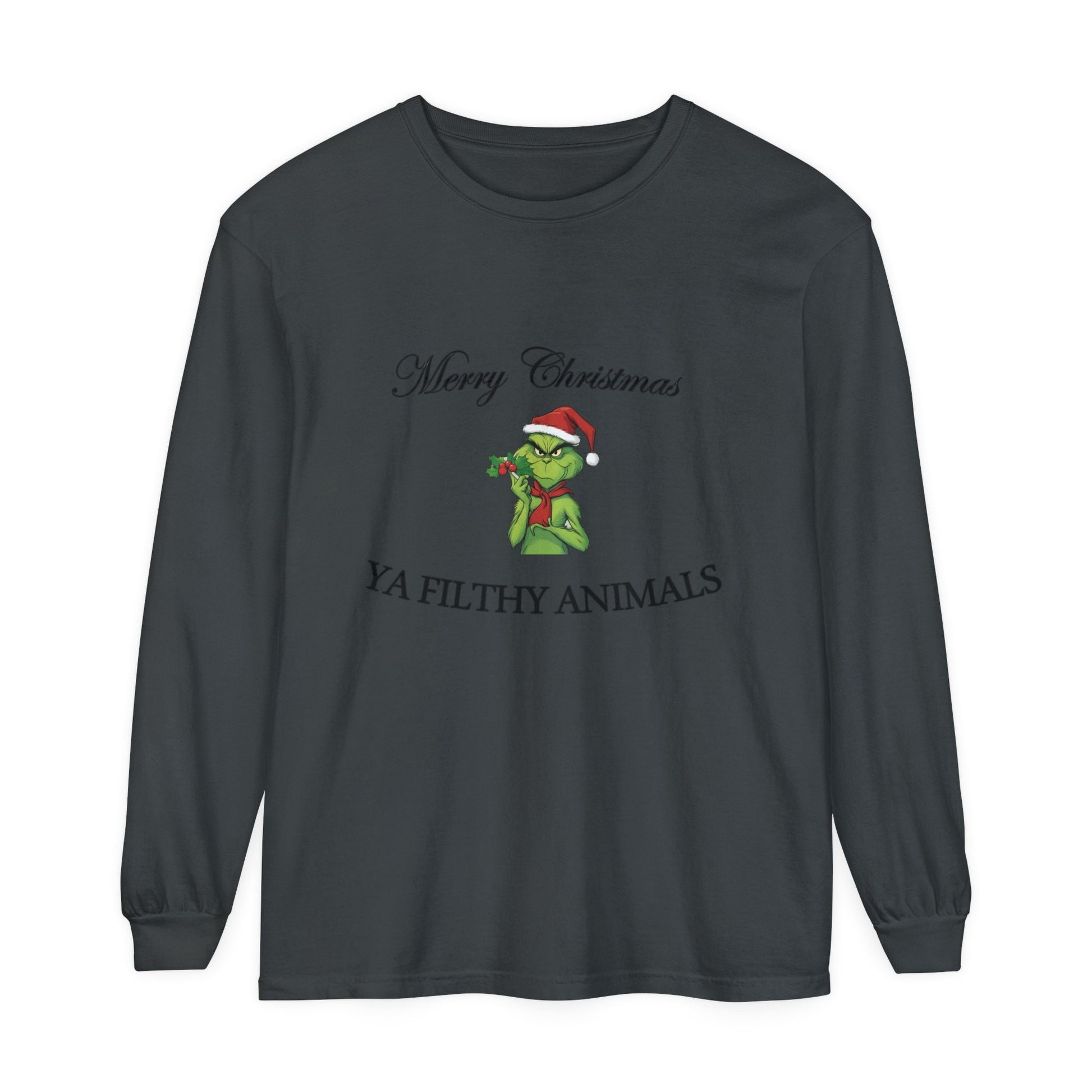Merry Christmas Charcoal Gray Grinch long sleeve tee hand-drawn holiday design