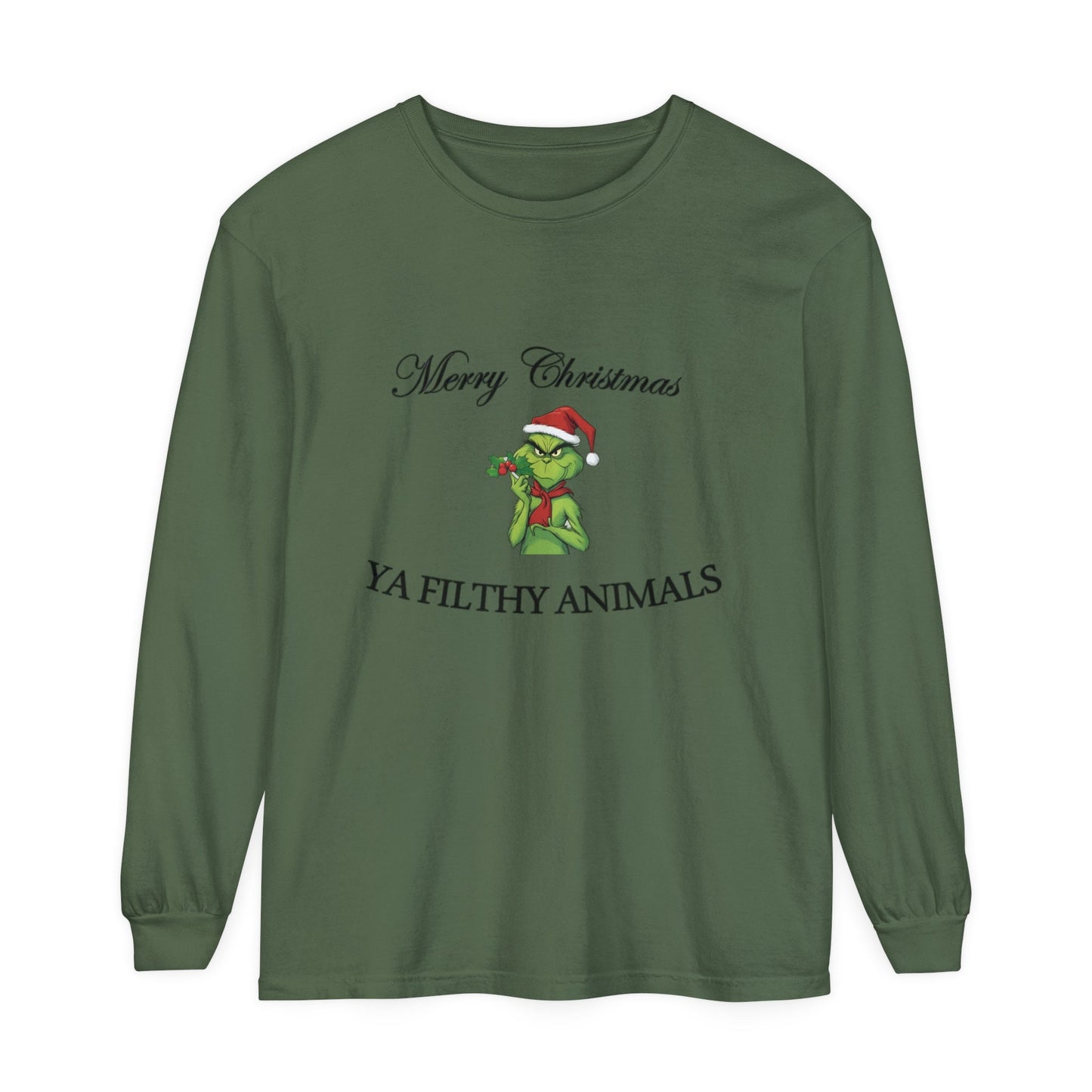 Merry Christmas Green Grinch long sleeve tee hand-drawn holiday design