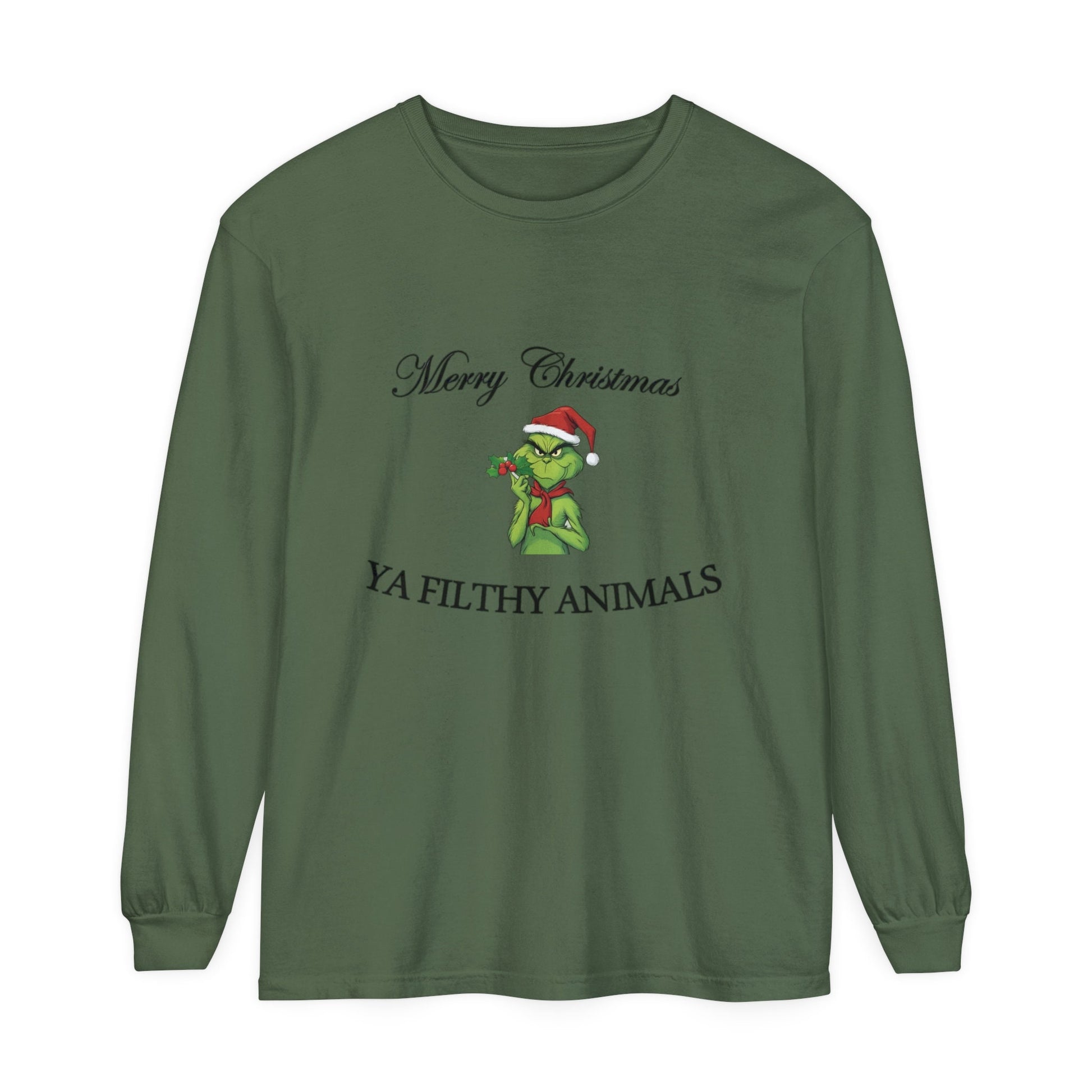 Merry Christmas Green Grinch long sleeve tee hand-drawn holiday design