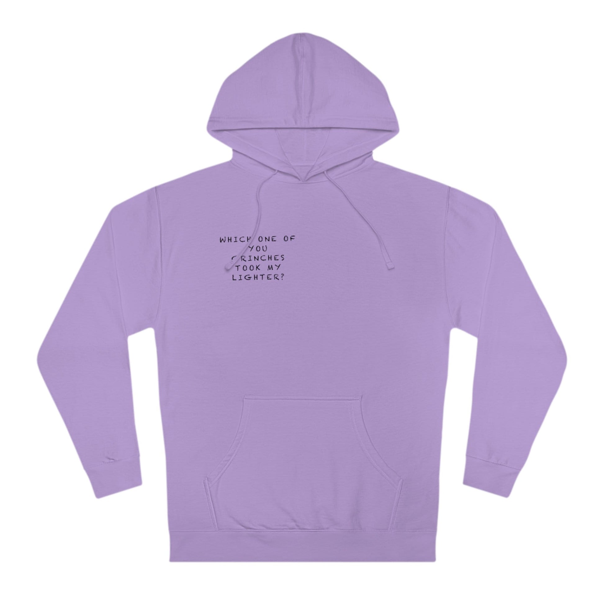 A purple unisex hooded sweatshirt with text on the front and a hood featuring metal eyelets for drawstrings.