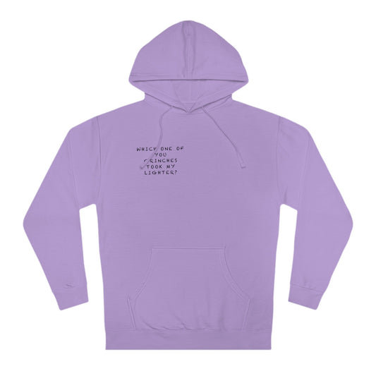 A purple unisex hooded sweatshirt with text on the front and a hood featuring metal eyelets for drawstrings.