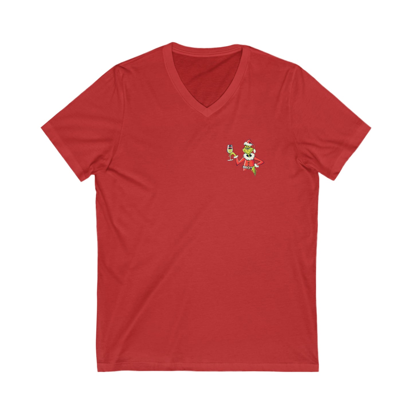 A red short-sleeved v-neck Christmas-themed t-shirt with a graphic of the Grinch character on the front.