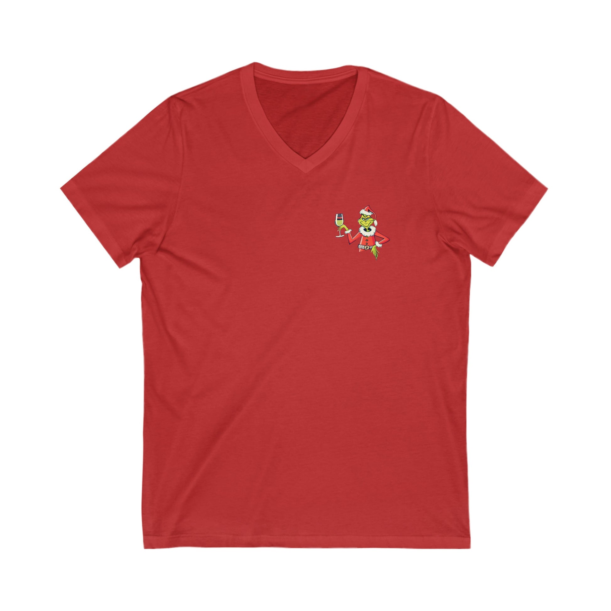 A red short-sleeved v-neck Christmas-themed t-shirt with a graphic of the Grinch character on the front.