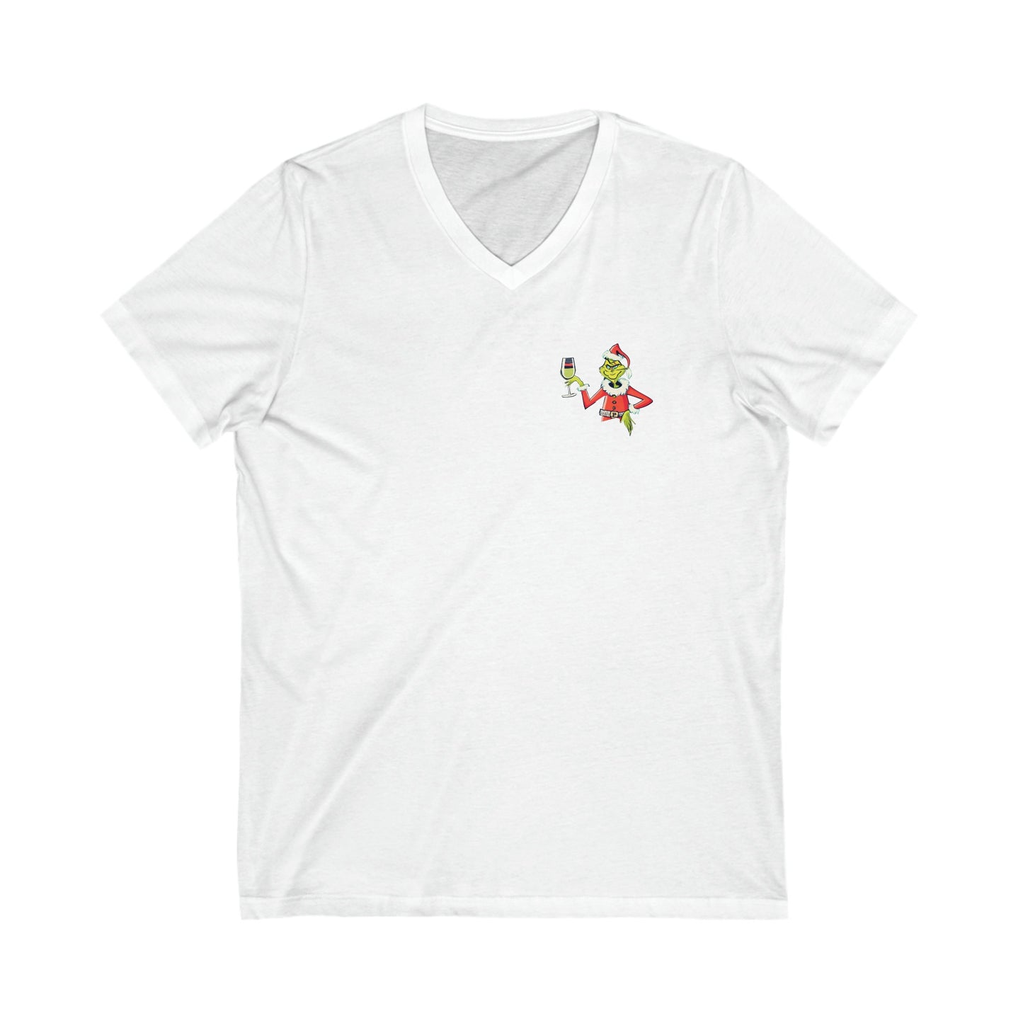 Ladies Grinch v-neck short sleeve tee hand-drawn Christmas mischief design