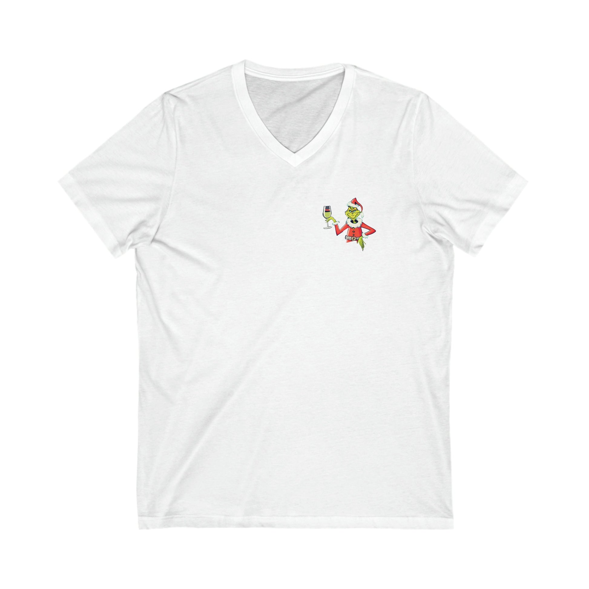 Ladies Grinch v-neck short sleeve tee hand-drawn Christmas mischief design