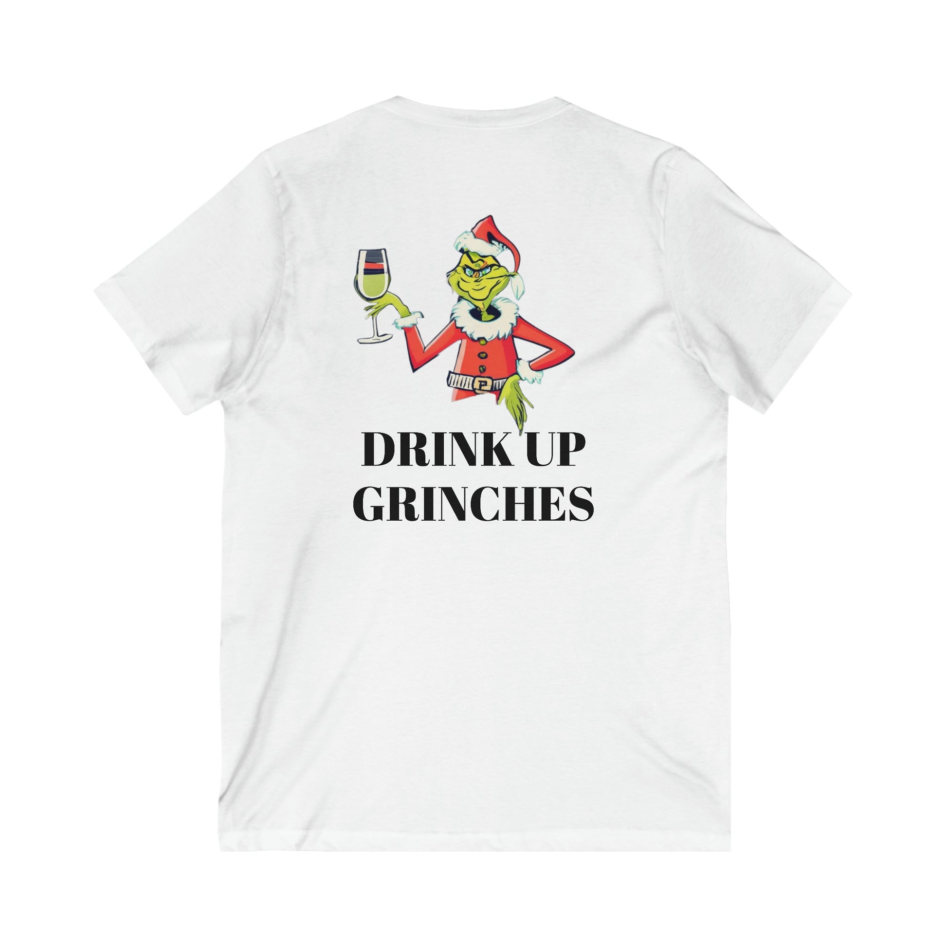 Ladies Grinch v-neck short sleeve tee hand-drawn Christmas mischief design