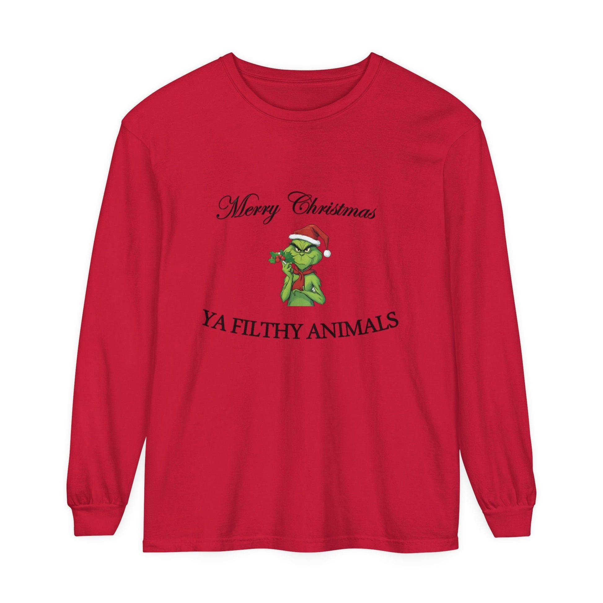 A red long-sleeve Christmas themed t-shirt with the text 'Merry Christmas Ya Filthy Animal' and a small green grinch character wearing a Santa hat.