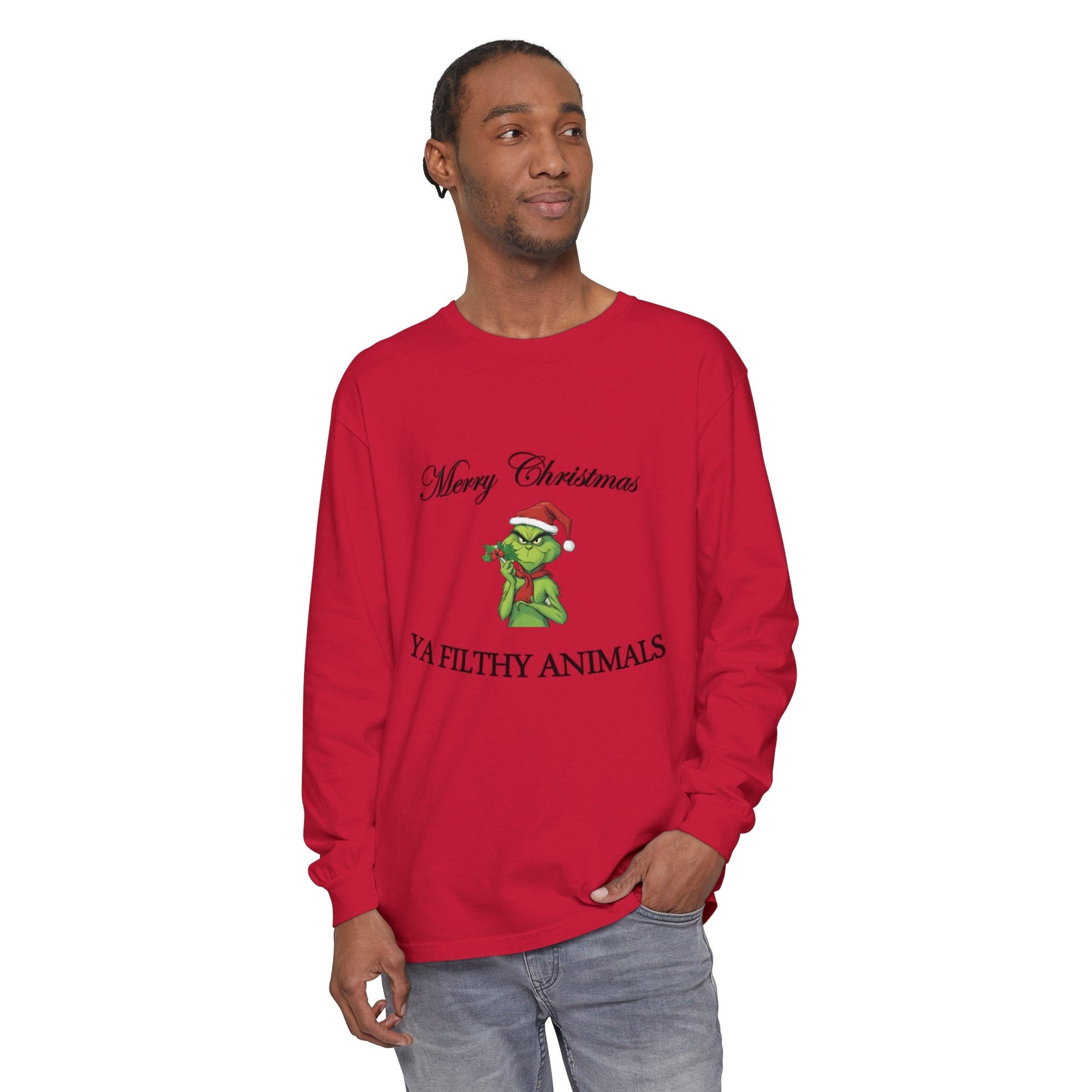 Merry Christmas Red Grinch long sleeve tee hand-drawn holiday design