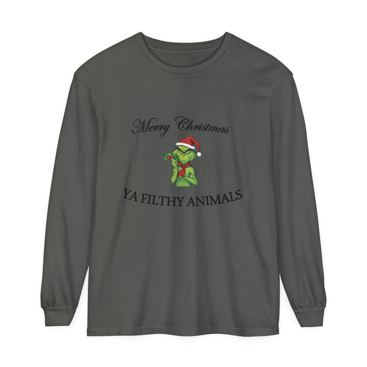 Merry Christmas Gray Grinch long sleeve tee hand-drawn holiday design